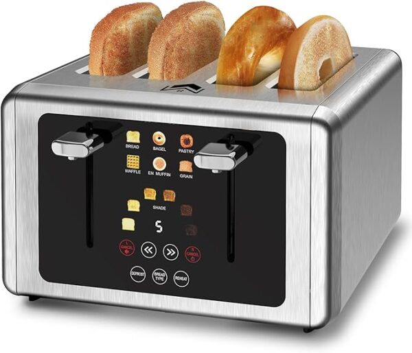 4 Slice Toaster, Touchscreen & Dual Independent Control Panel，5 Basic Functions & Digital Countdown Toasters, 6 Shade Settings＆6 Bread Types