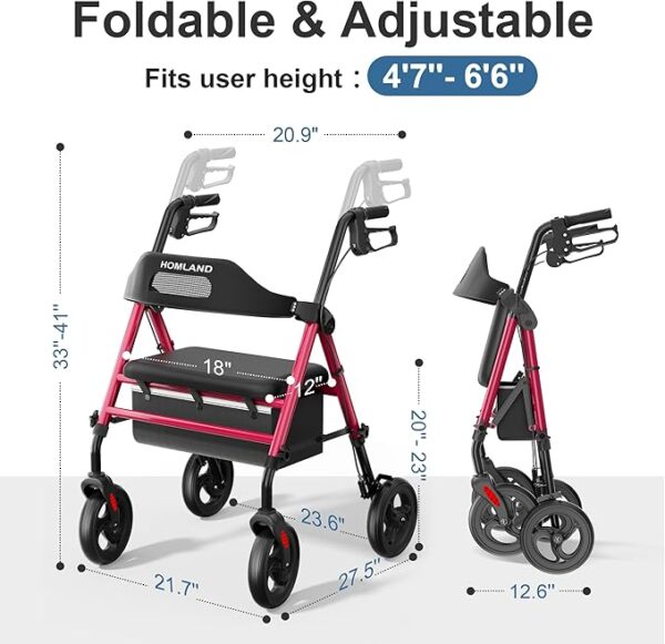 Foldable Rollator Walkers with Seat for Seniors, 8'' Big Wheels - Image 2