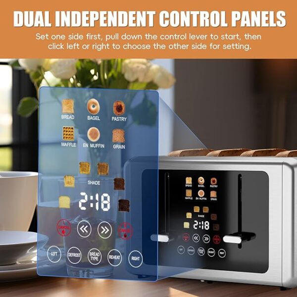 4 Slice Toaster, Touchscreen & Dual Independent Control Panel，5 Basic Functions & Digital Countdown Toasters, 6 Shade Settings＆6 Bread Types - Image 3