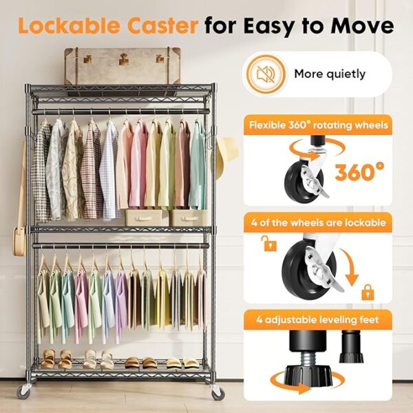 Sweetcrispy Rolling Clothes Rack, Heavy Duty Garment Racks 3 Tiers (33% off limited time deal) - Image 2
