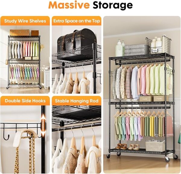 Sweetcrispy Rolling Clothes Rack, Heavy Duty Garment Racks 3 Tiers (33% off limited time deal) - Image 3