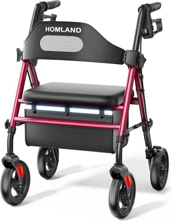 Foldable Rollator Walkers with Seat for Seniors, 8'' Big Wheels